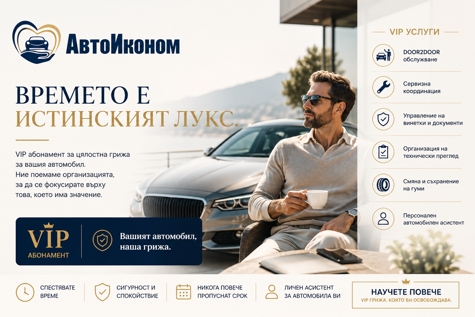 Promotional hero banner for АвтоИконом: man in sunglasses seated beside a car, holding a cup, with the headline about time being the true luxury and a VIP services panel on the right.